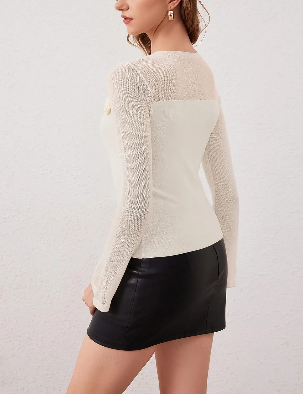 Women 3D Flower Panel Soft Knit Long Sleeve Mock Neck Sheer Mesh Solid Slim Sexy Tee Shirt Blouse Going Out Top