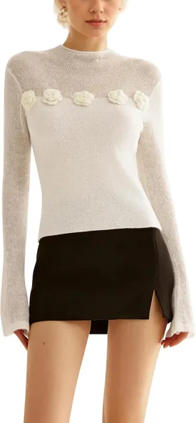 Women 3D Flower Panel Soft Knit Long Sleeve Mock Neck Sheer Mesh Solid Slim Sexy Tee Shirt Blouse Going Out Top