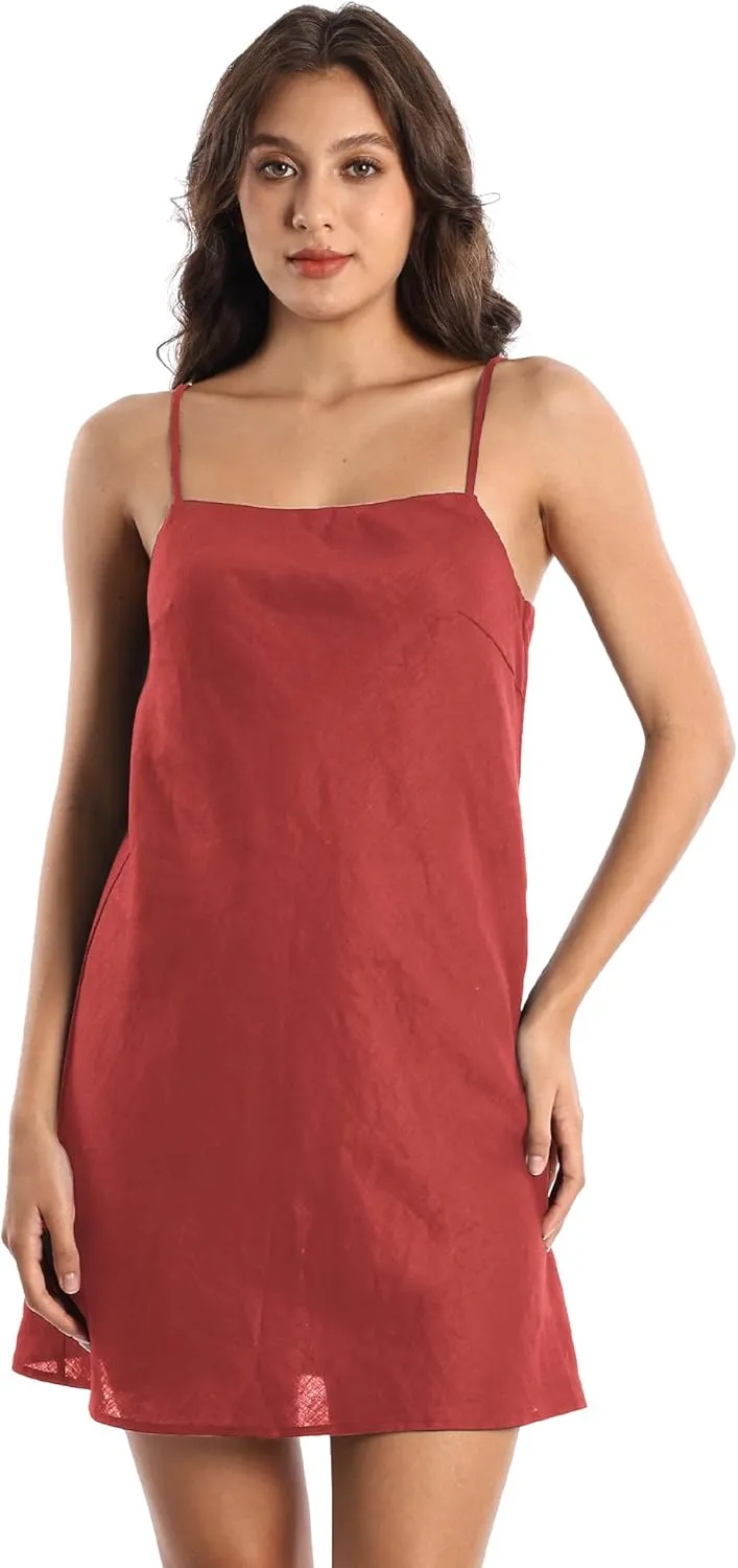 Women's Pure Linen Summer Sleeveless Spaghetti Strap Mini Dress with Lining