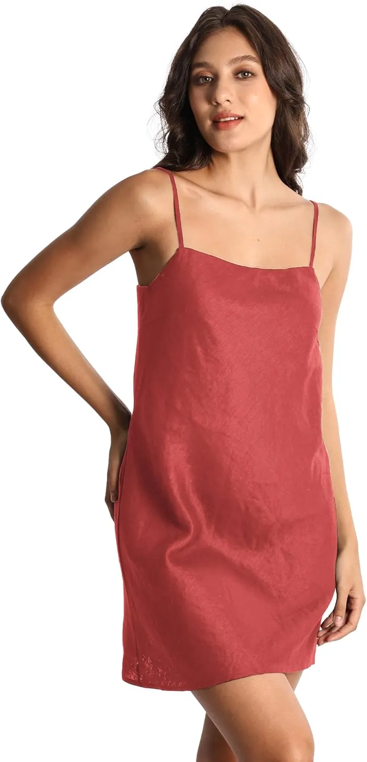 Women's Pure Linen Summer Sleeveless Spaghetti Strap Mini Dress with Lining