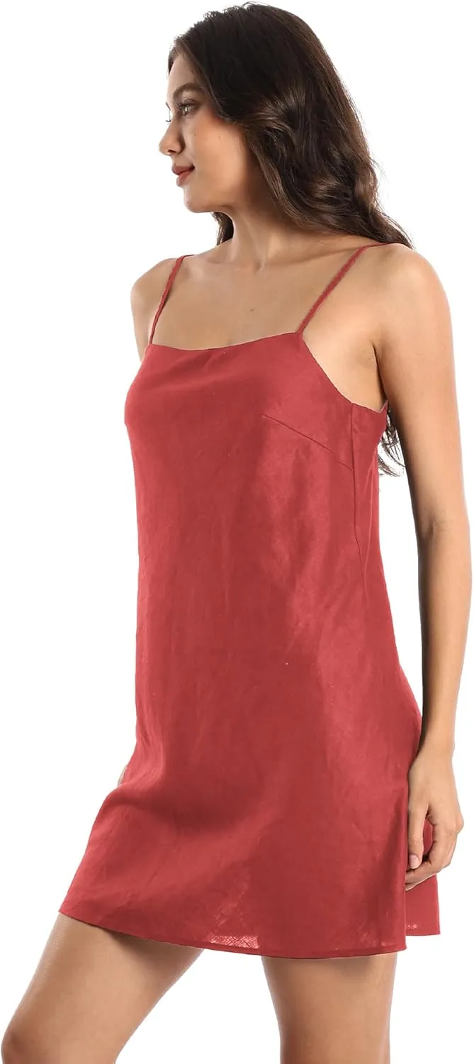 Women's Pure Linen Summer Sleeveless Spaghetti Strap Mini Dress with Lining