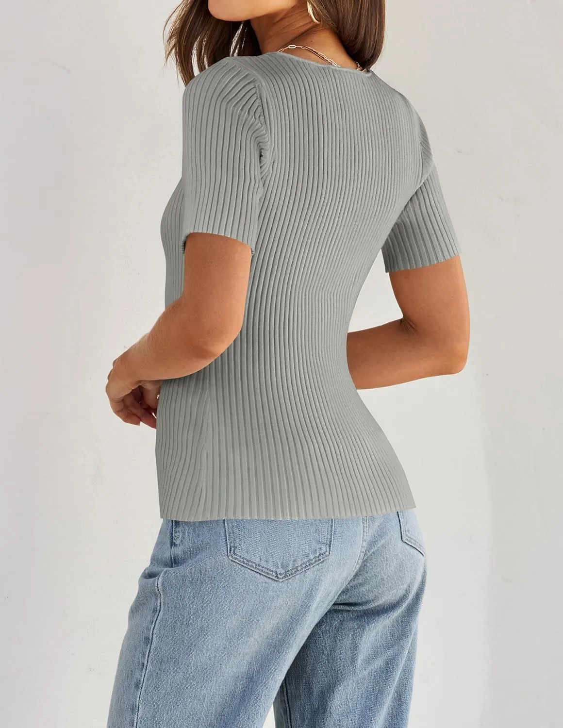 ZESICA Women's 2025 Short Sleeve Square Neck T Shirts Slim Fitted Summer Ribbed Knit Basic Casual Tee Tops