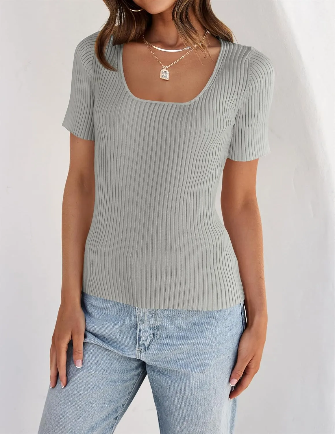 ZESICA Women's 2025 Short Sleeve Square Neck T Shirts Slim Fitted Summer Ribbed Knit Basic Casual Tee Tops