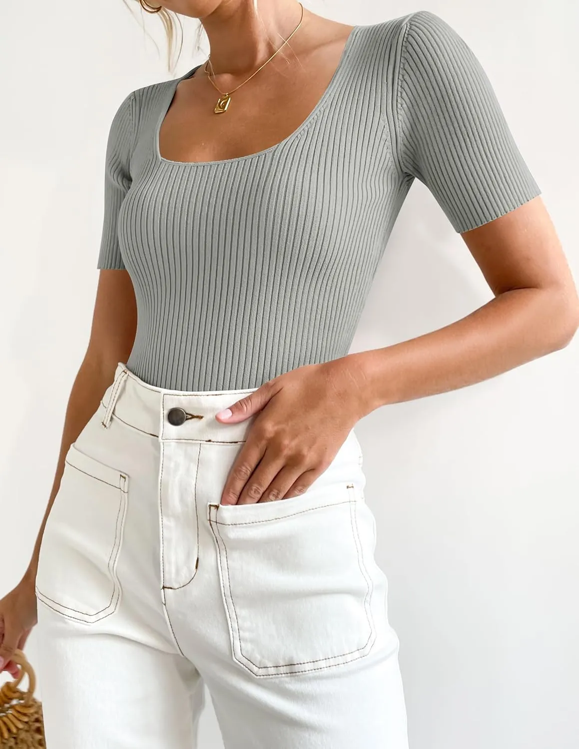 ZESICA Women's 2025 Short Sleeve Square Neck T Shirts Slim Fitted Summer Ribbed Knit Basic Casual Tee Tops