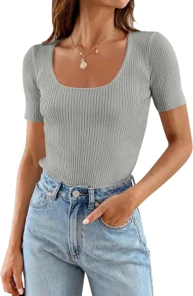 ZESICA Women's 2025 Short Sleeve Square Neck T Shirts Slim Fitted Summer Ribbed Knit Basic Casual Tee Tops